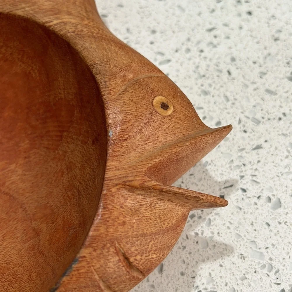 Vintage Mid Century Hand Carved Wooden Fish Bowl Trinket Serving Dish
